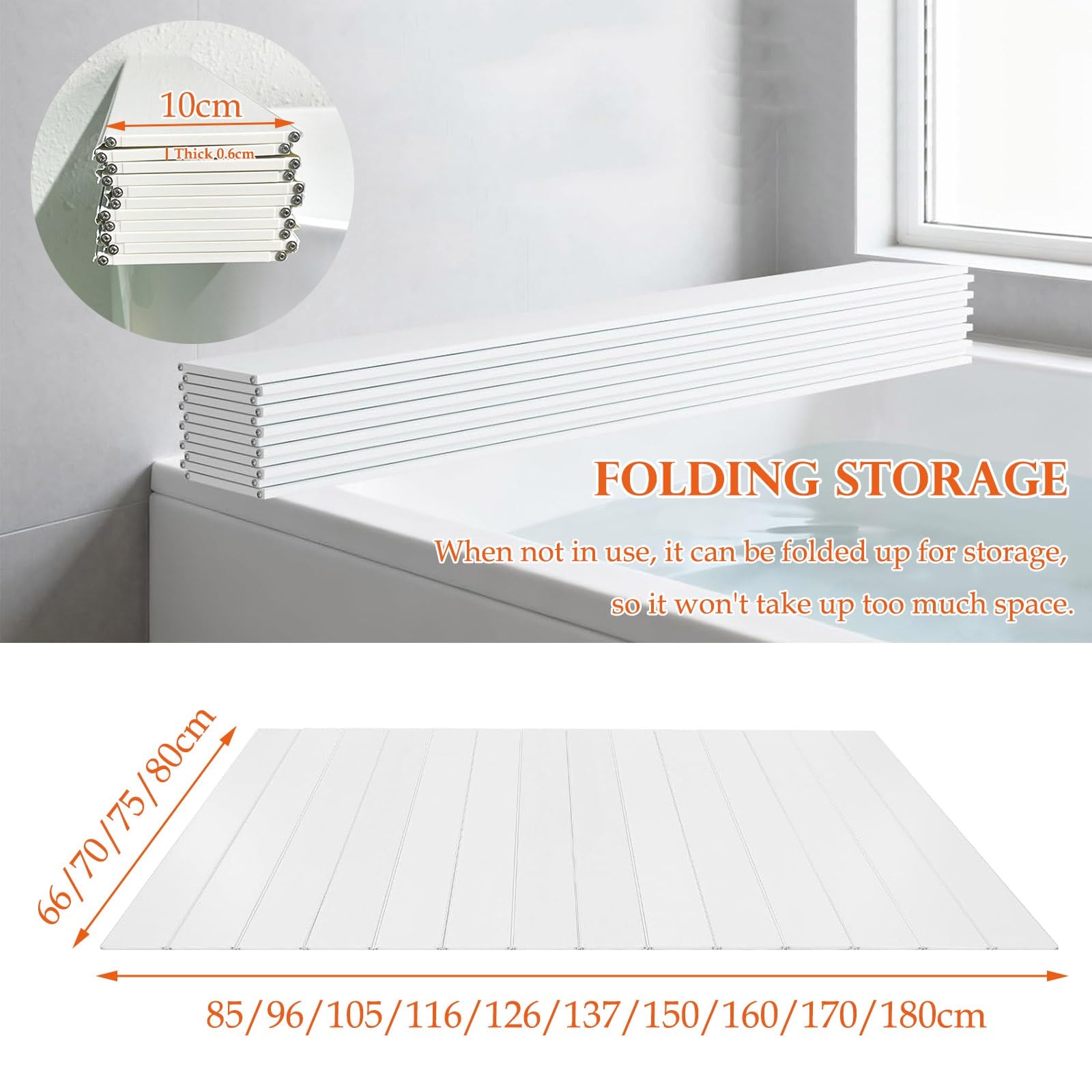 Copertura Pieghevole per Vasca da Bagno 160x70/170x75cm Spessore 0,6cm Impermeabile Antipolvere Vassoio Ilat Ecologico Coperchio a persiana per Uso Domestico, Hotel e Spa (180x70cm)