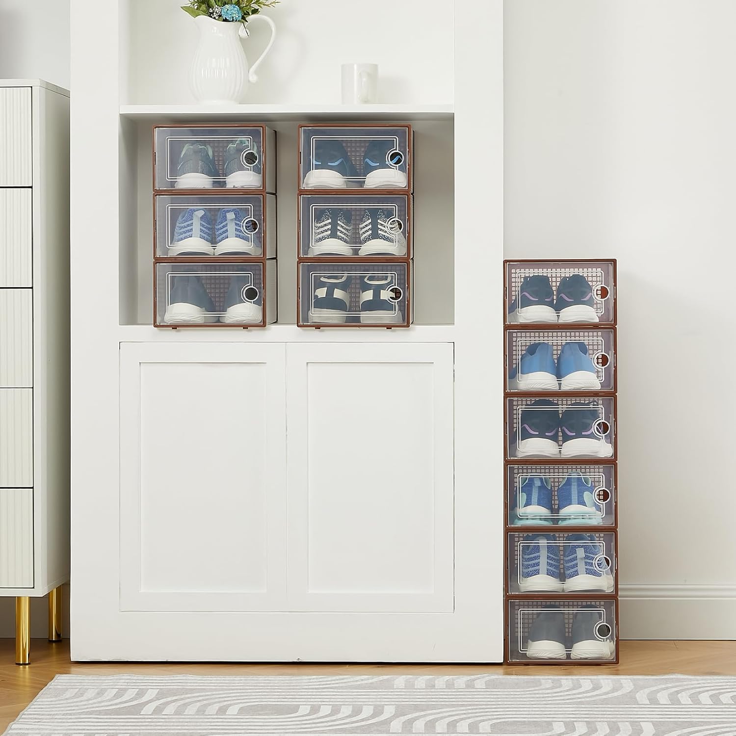 Garvee x-Large Clear Plastic Storage Boxes - 12 Pack Stackable Shoe Organizers with Durable Lids for Sneakers, Toys, Closet & Under Bed Storage (Brown)