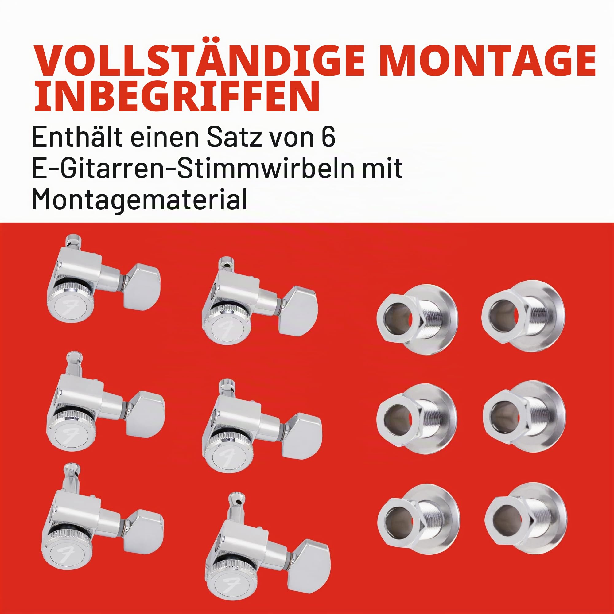 Fender Locking-Mechaniken für Stratocaster Telecaster E-Gitarre, selbstsichernde Stimmmechaniken, präzise Stimmstabilität, einfache Montage, hochwertig, langlebig, 6er-Pack, Chrom