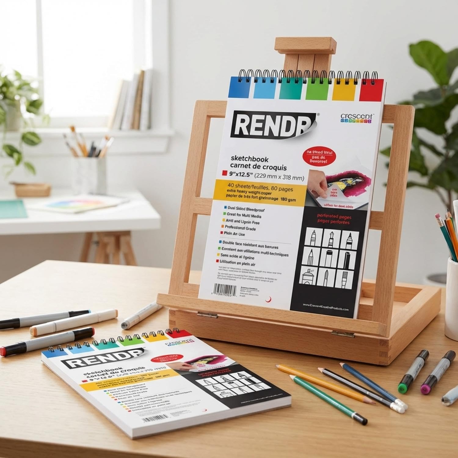 RENDR No Show Thru Pages perforées à spirales pour artiste, 22,9 x 31,8 cm, sans bavure, sans acide et sans lignine, 80 pages, tous supports, 180 g/m²
