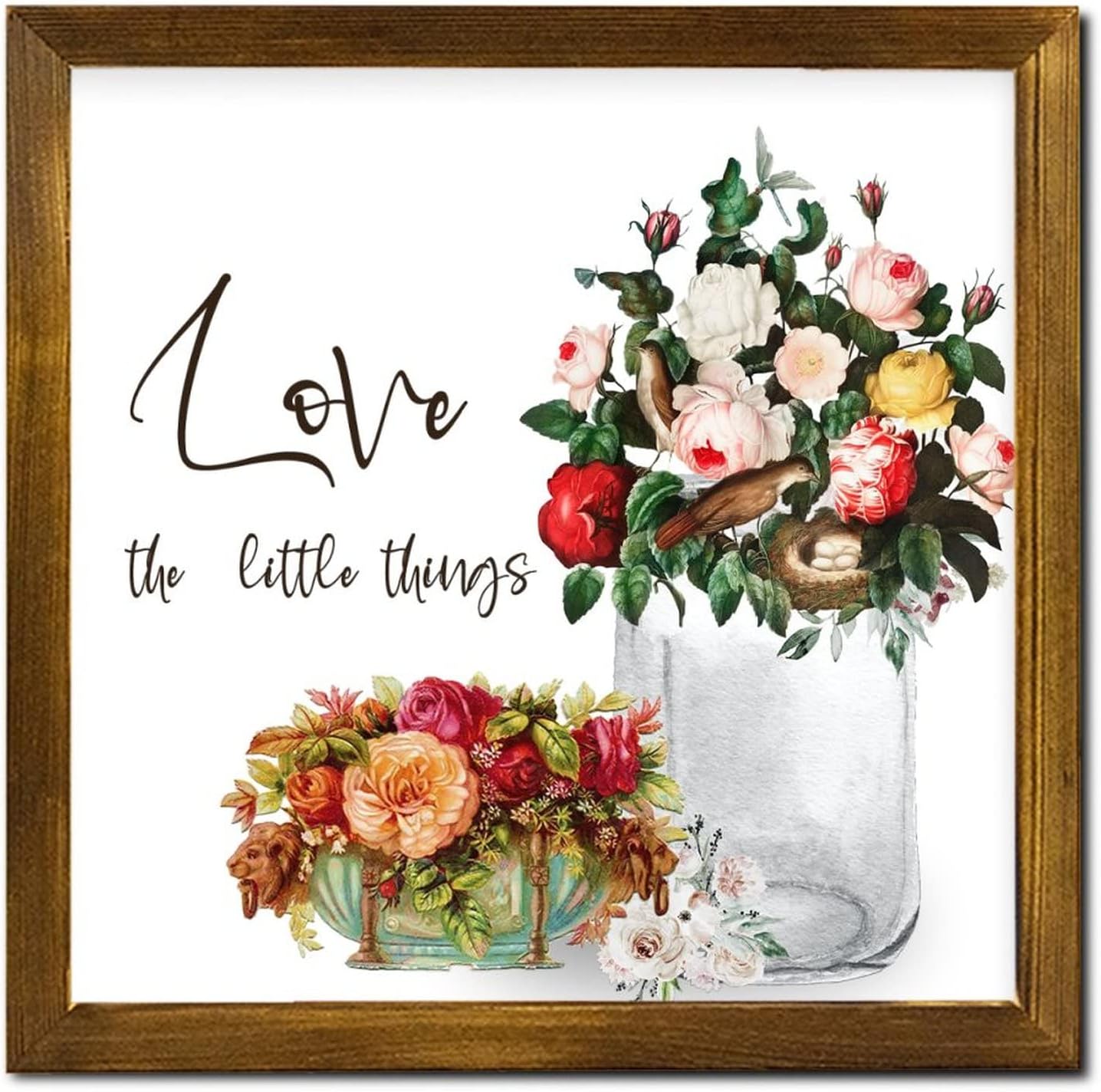 Love The Little Things Framed Wooden Sign Spring Rose Flower in Vase Wooden Wall Hangings Vintage Blossom Floral Wall Art Hanging Farmhouse Decoration Plaque for Home Kitchen Kitchen 12x12 inch