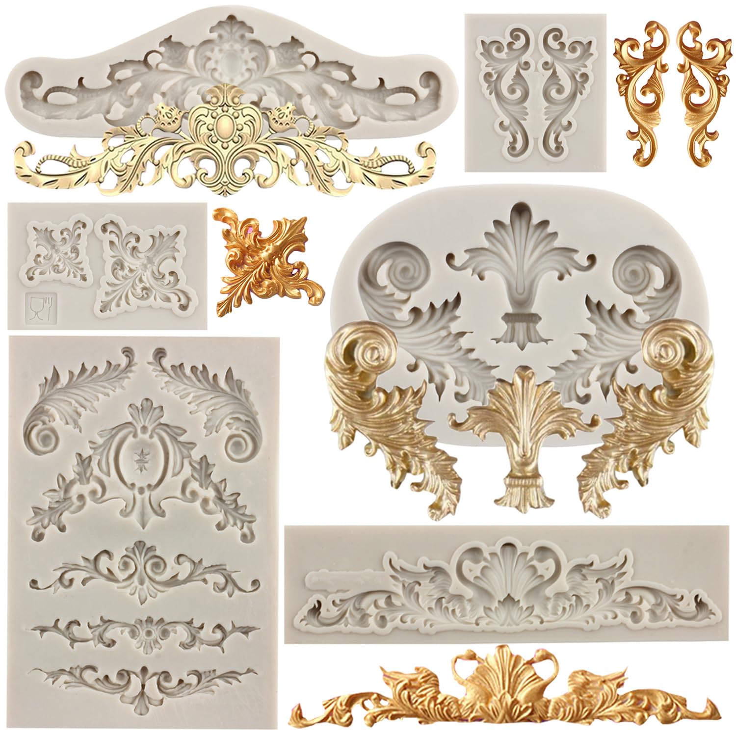 MYPRACS Baroque Fondant Moulds Curlicues Scroll Lace Silicone Mould Filigree Mould for Sculpted Flower Cake Border Decoration Cupcake Topper Candy Polymer Clay Chocolate Gum Paste Set of 6