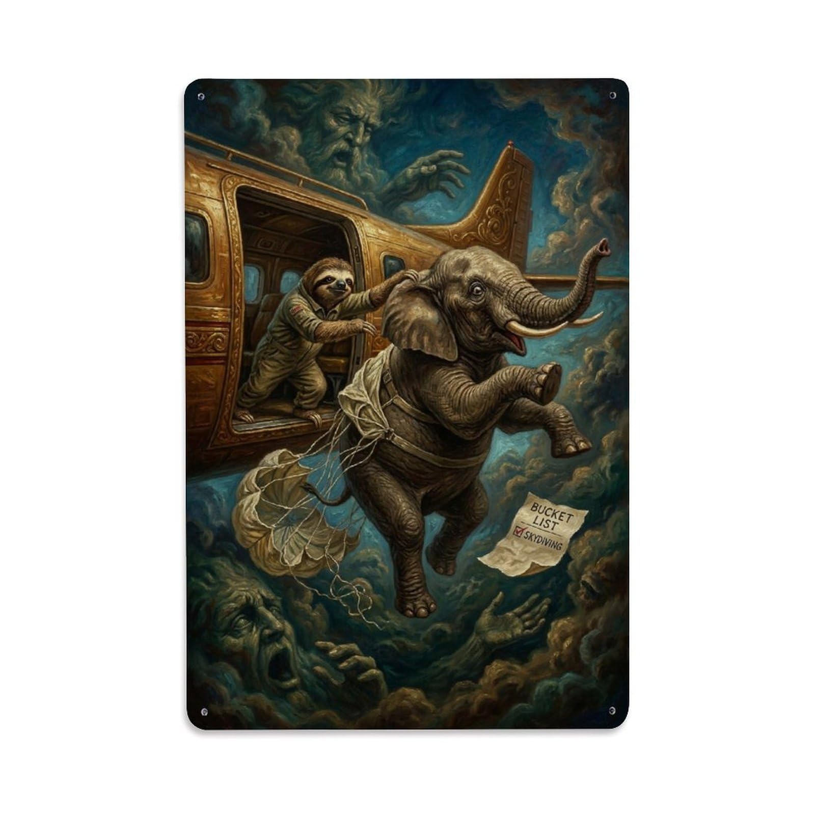 Surreal Vintage Elephant Airplane Escape Fable Animal Wildlife Metal Tin Sign Plaque Wall Decor for Cafe, Man Cave, Club Bar, Office, Home Garden Round Metal Poster 8x12Inch