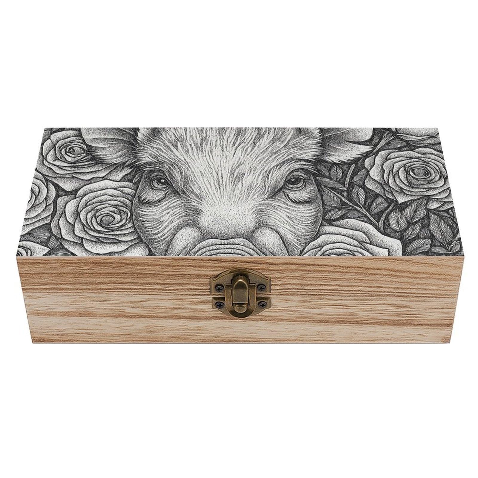 Oudrspo Aesthetic Pig And Rose Retro Wooden Storage Box Keepsake Jewelry Decorative Art Storages Box Gift Boxs