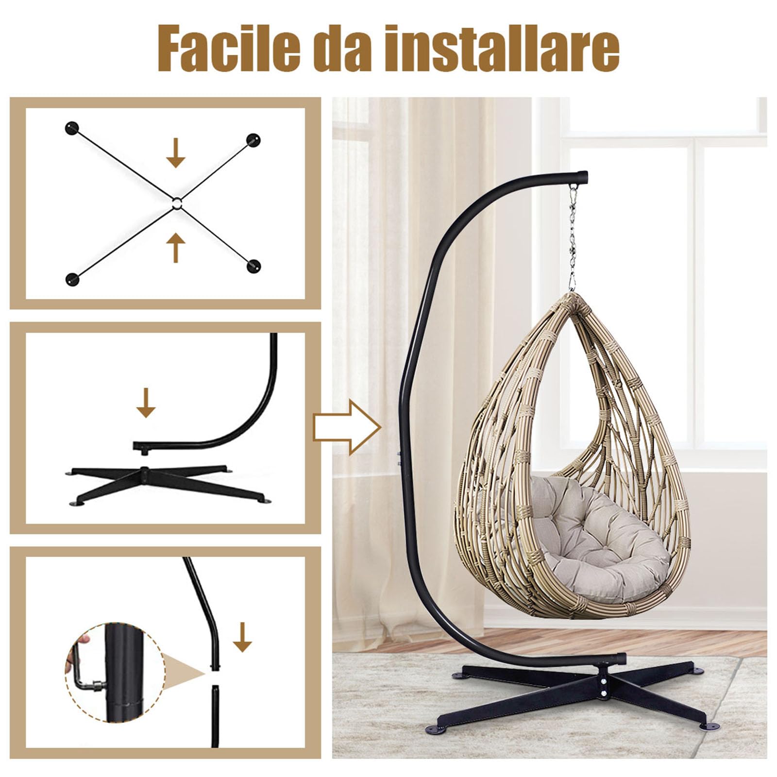 COSTWAY Supporto per Amaca a Sedia a Forma di C, Sostegno per Sedia in Acciaio, Carico Massimo di 150 kg, Nero (Solo Telaio, Senza Amaca a Sedia)