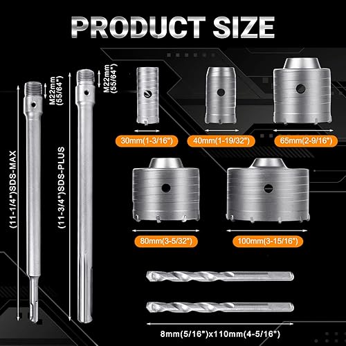 Miniatura 8 de SDS Plus - Juego de sierra perforadora para mampostería, 8 piezas, sierra perforadora para hormigón de 2 pulgadas, brocas para pared de ladrillo de