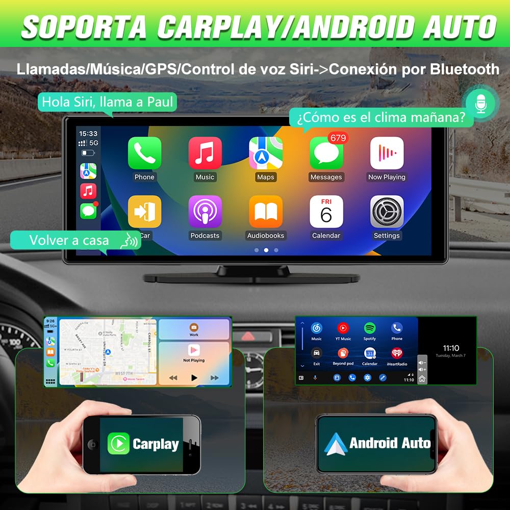 Pantalla Carplay para Coche con CarPlay/Android Auto Inalámbrico, Pantalla Táctil de 10.26 Pulgadas Portátil con Dashcam 4K/Cámara Trasera de HD 1080P/Control por Voz/Bluetooth/Mirror Link