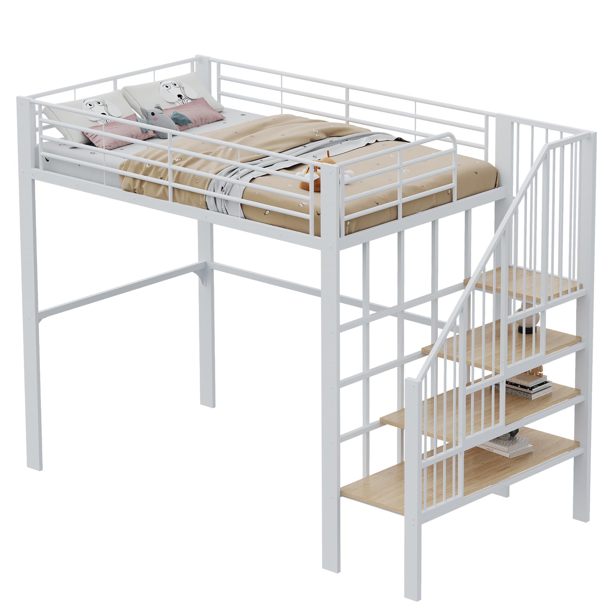 Letto a Soppalco 140x200 cm con Robusta Struttura in Metallo, Letto a Castello per bambini e e Adulti, Letto Multiuso con ampio spazio di stivaggio sotto il, Letto Bambini con Scala e Ringhiere