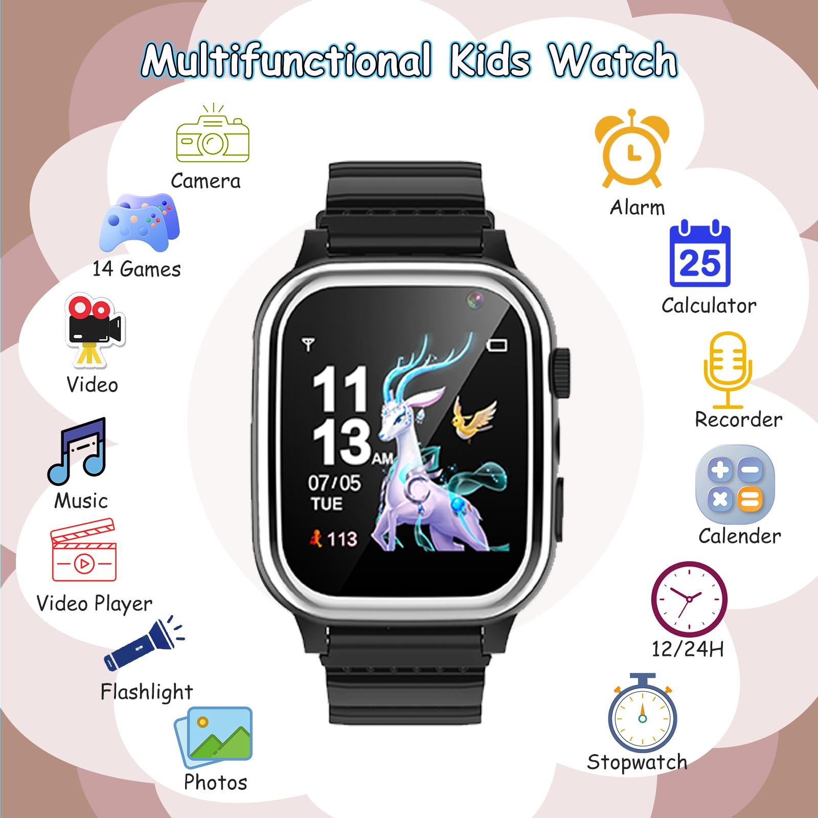 Kinder Smartwatch, Smartwatch Kinder Telefon mit SIM Karte Anruf SOS 26 Spiele Kamera Musik MP4 Schrittzähler Wecker Taschenlampe Recorder, Kinderuhr für Jungen Mädchen Student 4-12 Jahre Geschenk