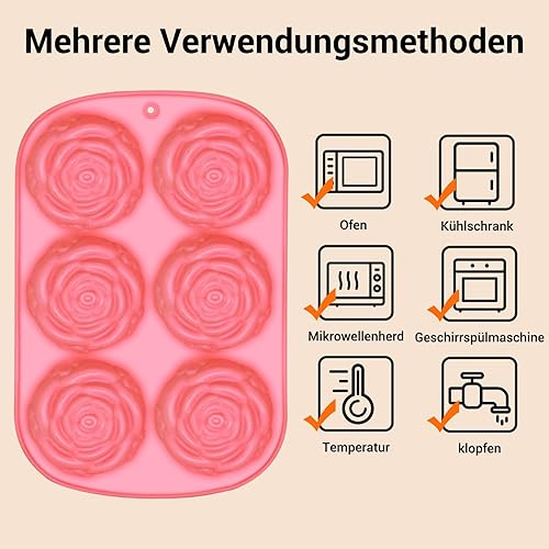 Miniatura 4 de Molde de silicona de flores de rosas para hornear, molde de cubitos de hielo de rosas de 6 cavidades para dulces, chocolate, pasteles, pudín,