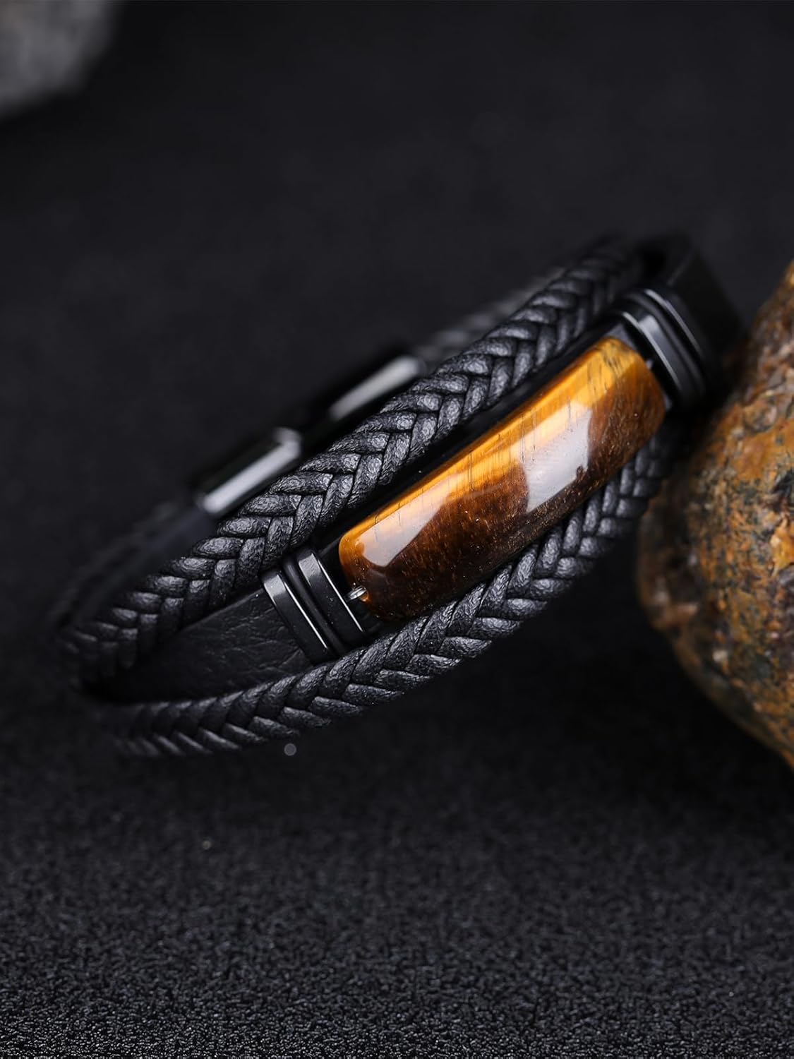 Mens Black Leather Obsidian/Turquoise/Tiger Eye/Red Agate Bracelet–Braided Multi‑Layer Wristband Cuff Bangle Bracelet with Stainless Steel Clasp Gift Jewelry Box Included-8.3in - Image 4