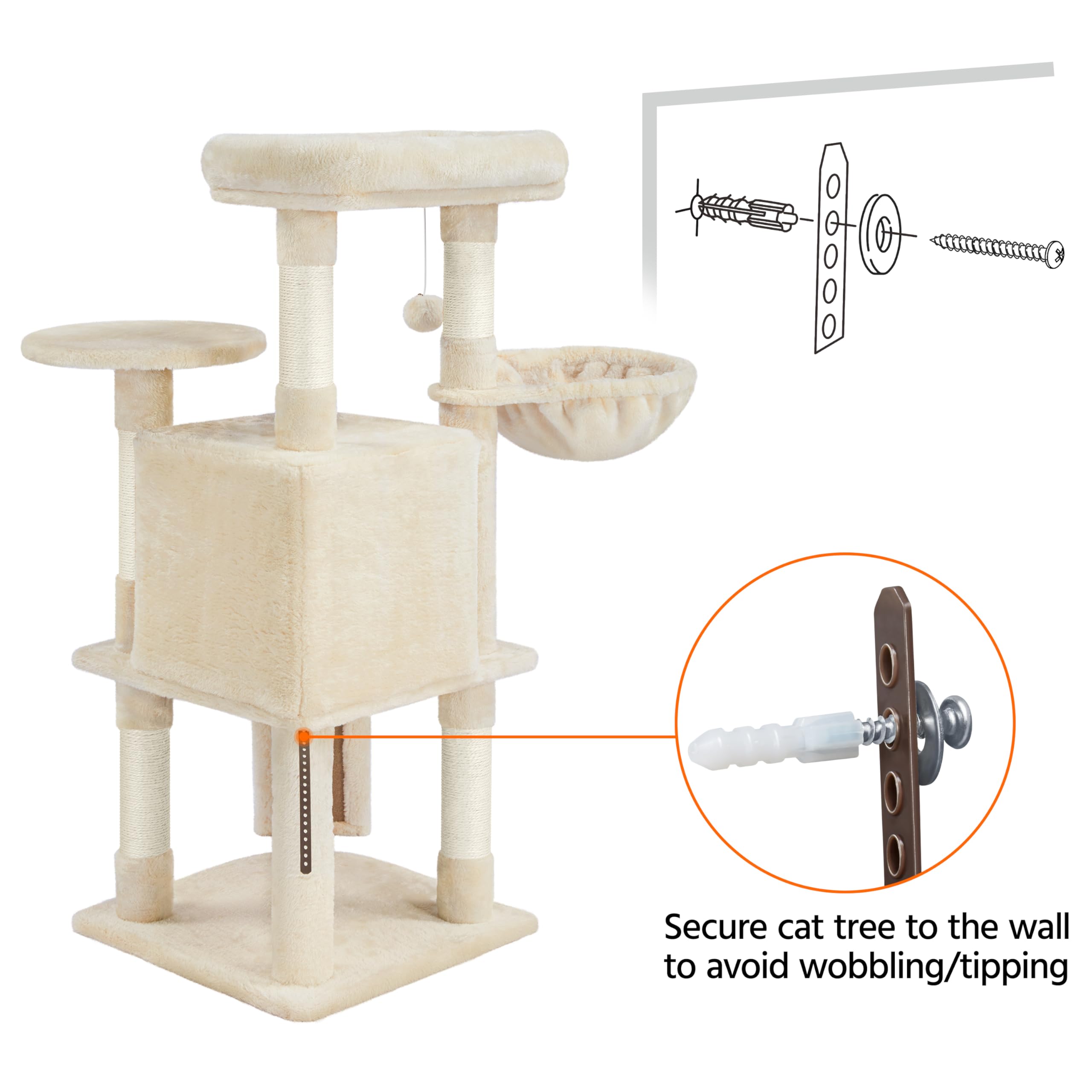 Tiragraffi per Gatti Alto 106 cm Albero per Gatti Multilivello in Peluche con 2 Trespoli 1 Grotta 1 Cestino 5 Pali in Sisal e 1 Pompon Beige