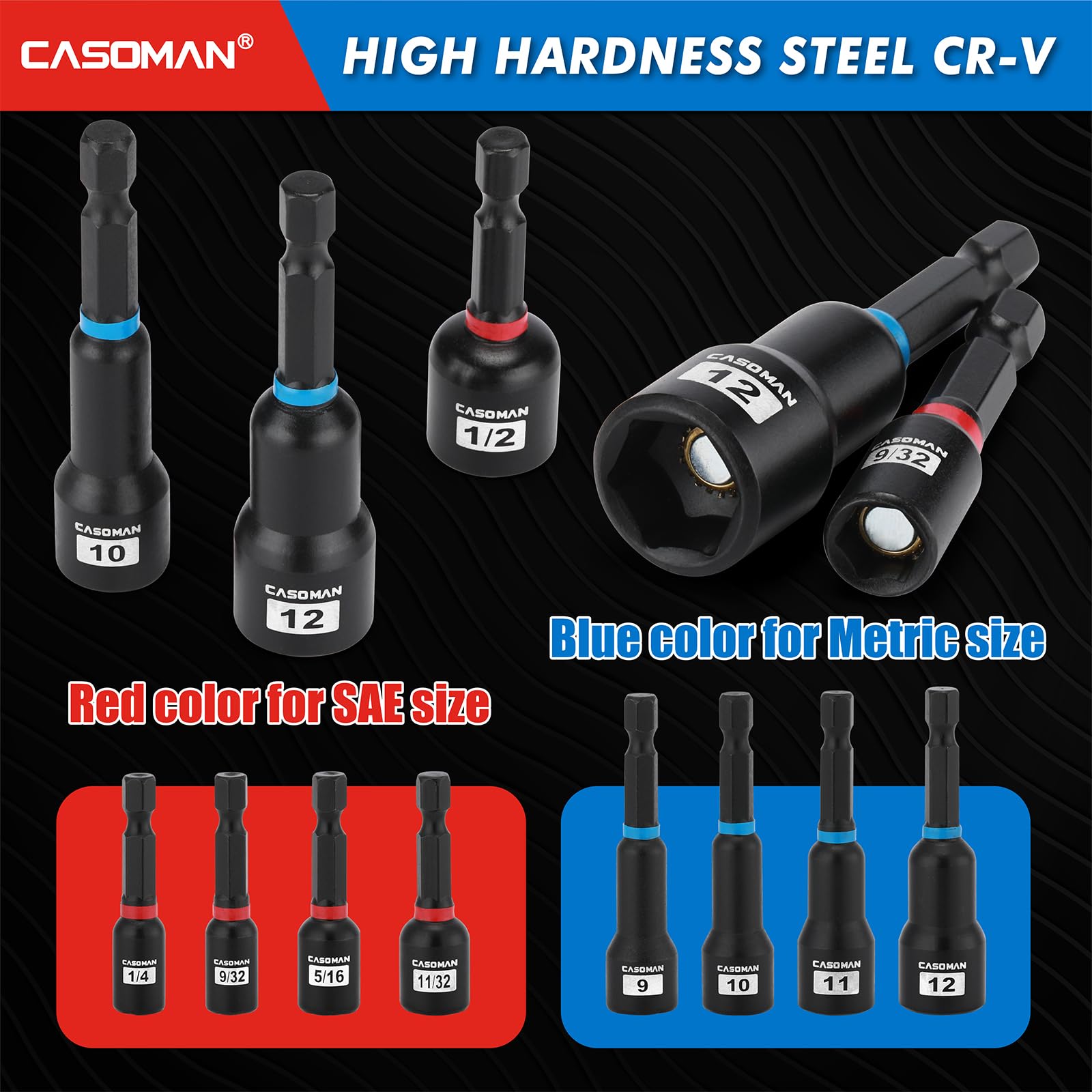 CASOMAN 55-Piece Magnetic Nut Driver Set for Impact Drill Deep & Shallow, Metric & SAE, Includes Screwdriver Bits - Image 4