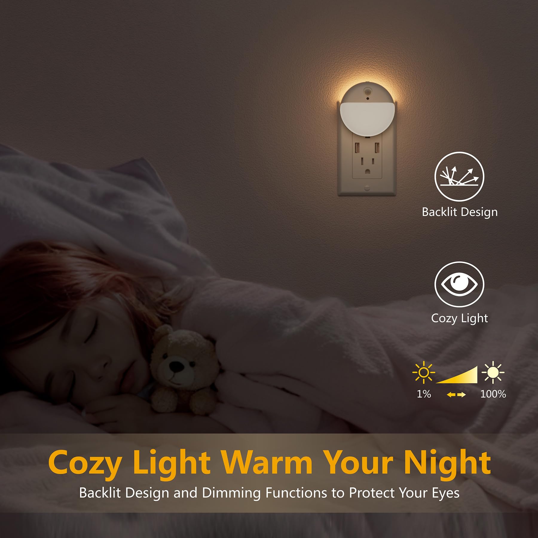 YUNLEX 2 Pack Plug in Night Light with Motion Sensor and Dusk to Dawn Sensor Stepless Dimming Warm — view 5