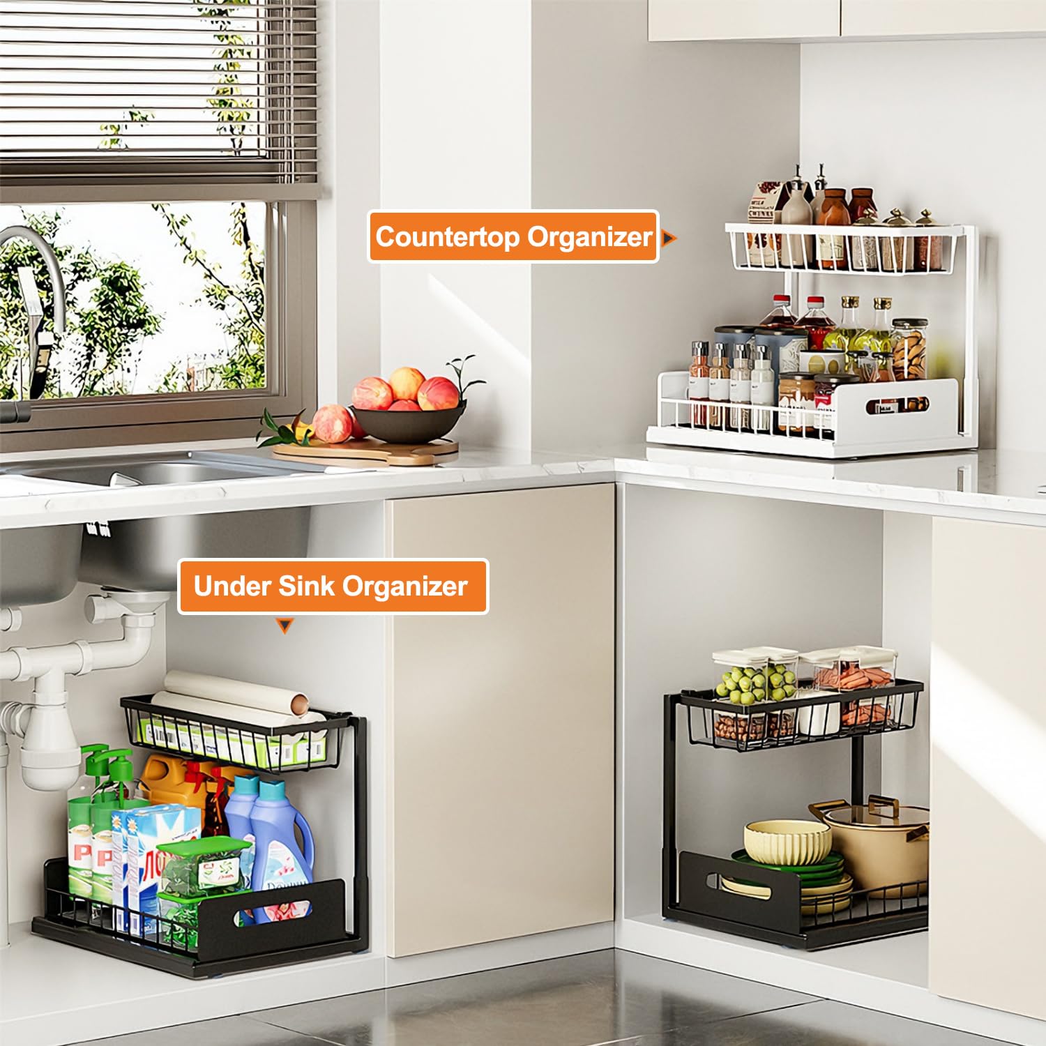 devesanter Unter Waschbecken Regal ausziehbar,2 Etagen Metall Lagerregal,Küchen- & Badezimmerschrank Organizer,Platzsparend für Vorratskammer Weiß