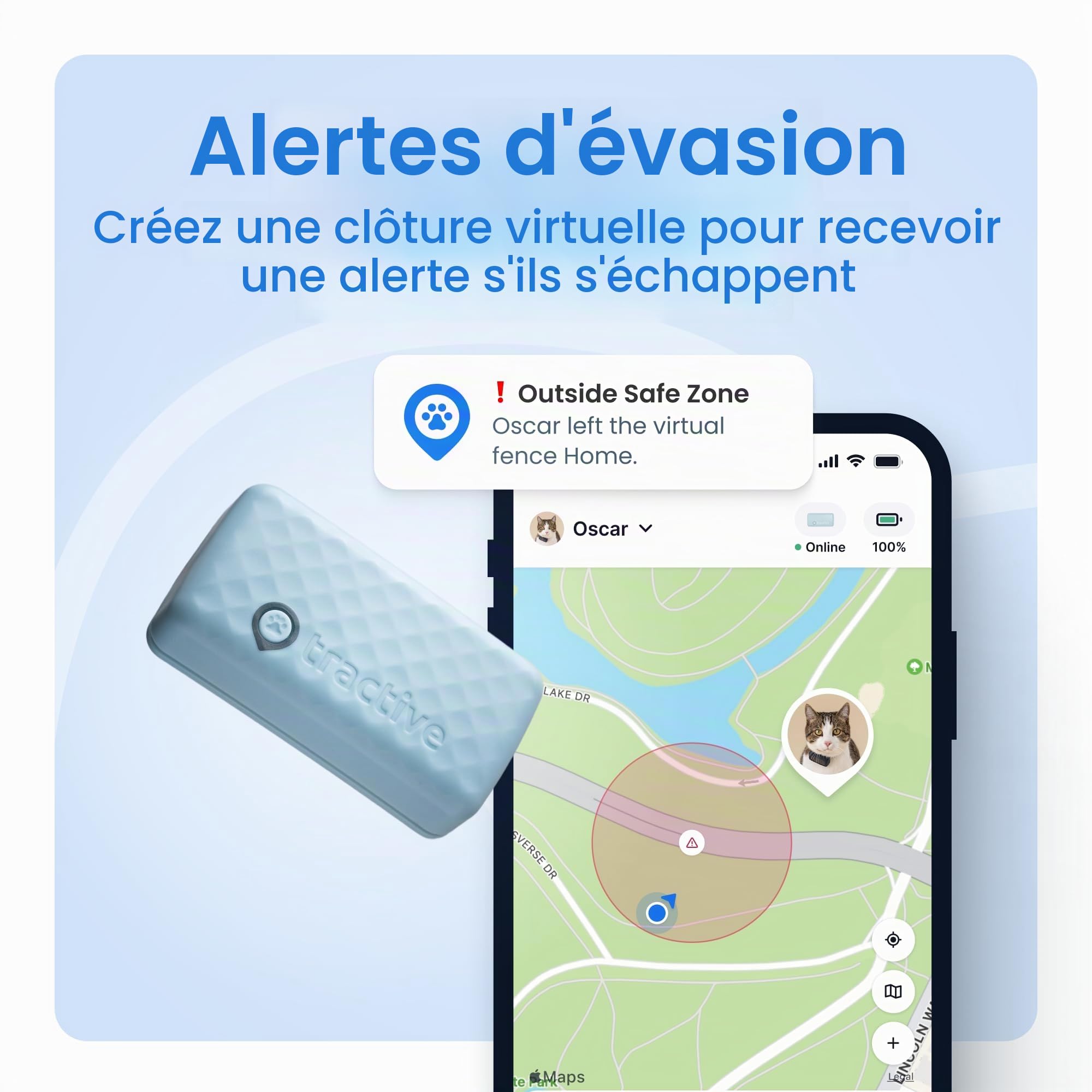 Tractive Collier de Suivi GPS Intelligent pour Chat | Localisation en Temps Réel et Surveillance de la Santé pour Chats de 2,9 kg et Plus | Historique du Territoire et de la Localisation | Batterie