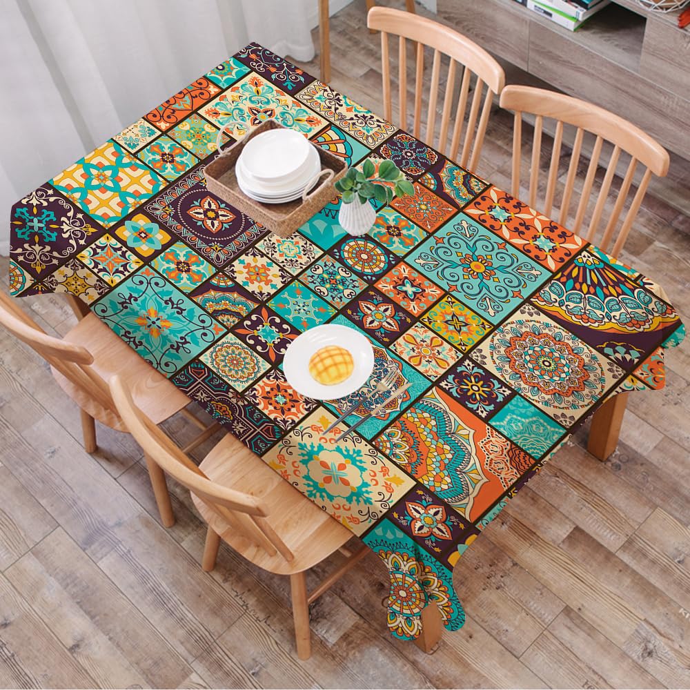 DALEXHM Table Cloth Wipe Clean Rectangular, wipeable tablecloths,Dining Table Cover for Kitchen Outdoor Garden Table,Seamless colorful patchwork tile with Islam Arabic Indian ottoman motifs.,54x72 in