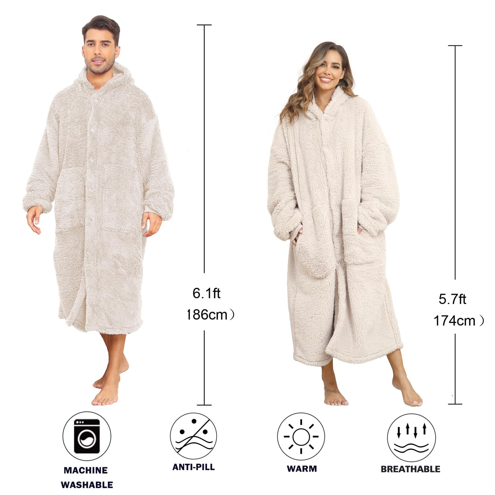 Manta con capucha de felpa para mujeres y hombres, súper cálida y acogedora, manta grande portátil, ropa para casa, abrigos de felpa gruesos y sueltos, beige, Talla única
