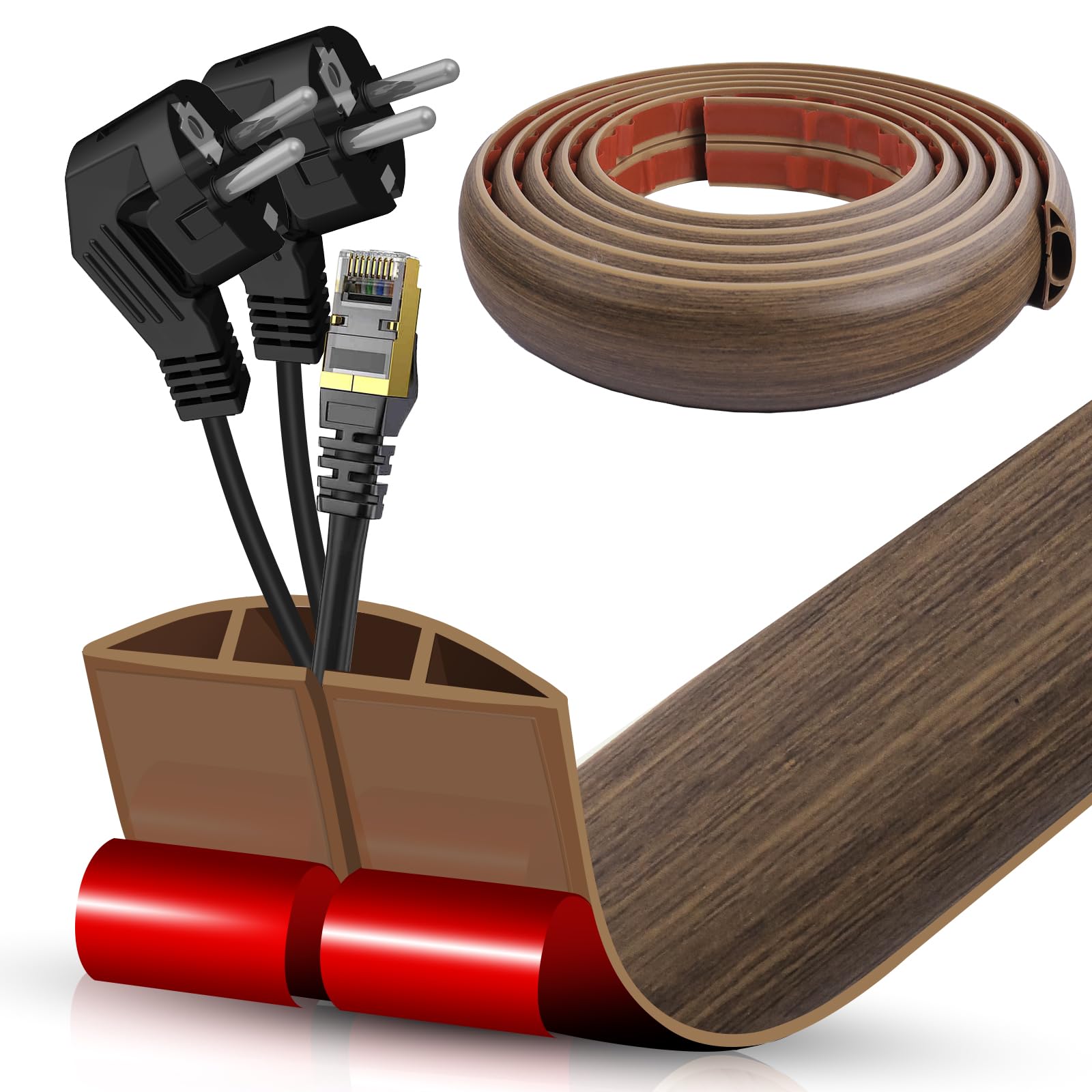 Floor Cord Cover Cable Cavity Self Adhesive Cord Hider Floor Floor Cable Management Power Cord Protector Floor Electric Cord Covers for Offices, Gym, Exhibitions (Misty Brown Wood, 2.36" x 10')