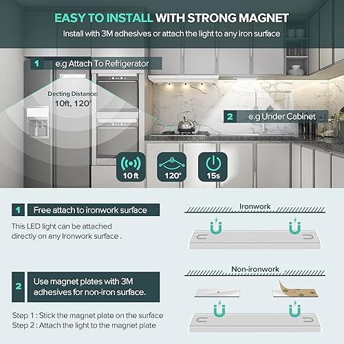 Miniatura 5 de Luces para debajo del gabinete, luz con sensor de movimiento para interiores, 3 modos, 36 luces LED de armario, inalámbricas recargables grandes de