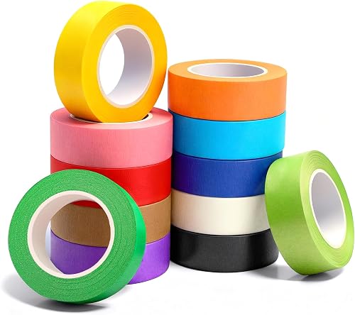 12PCS Colored Masking Tape, Colored Tape for Kids Art Supplies, DIY Craft Tape, Colored Painters Tape for Labeling, Classroom, Decorative, Rainbow Color Tape Rolls 1In x 13Yards(2.5cm x 12m)