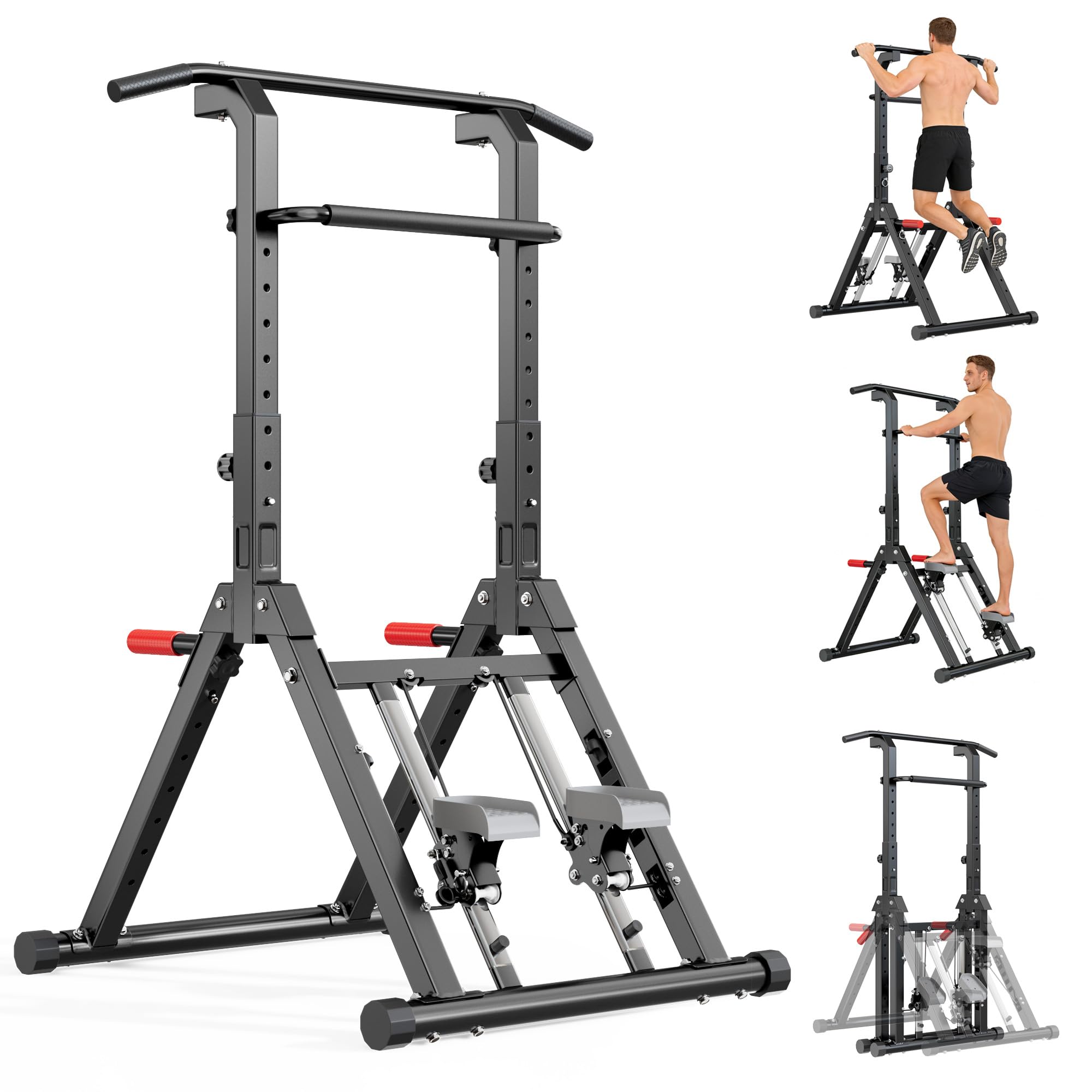 SogesPower Torre da Allenamento Multifunzione con Stepper Verticale - Stazione per Trazioni e Dips Regolabile in Altezza, Attrezzo Pieghevole per Palestra Domestica