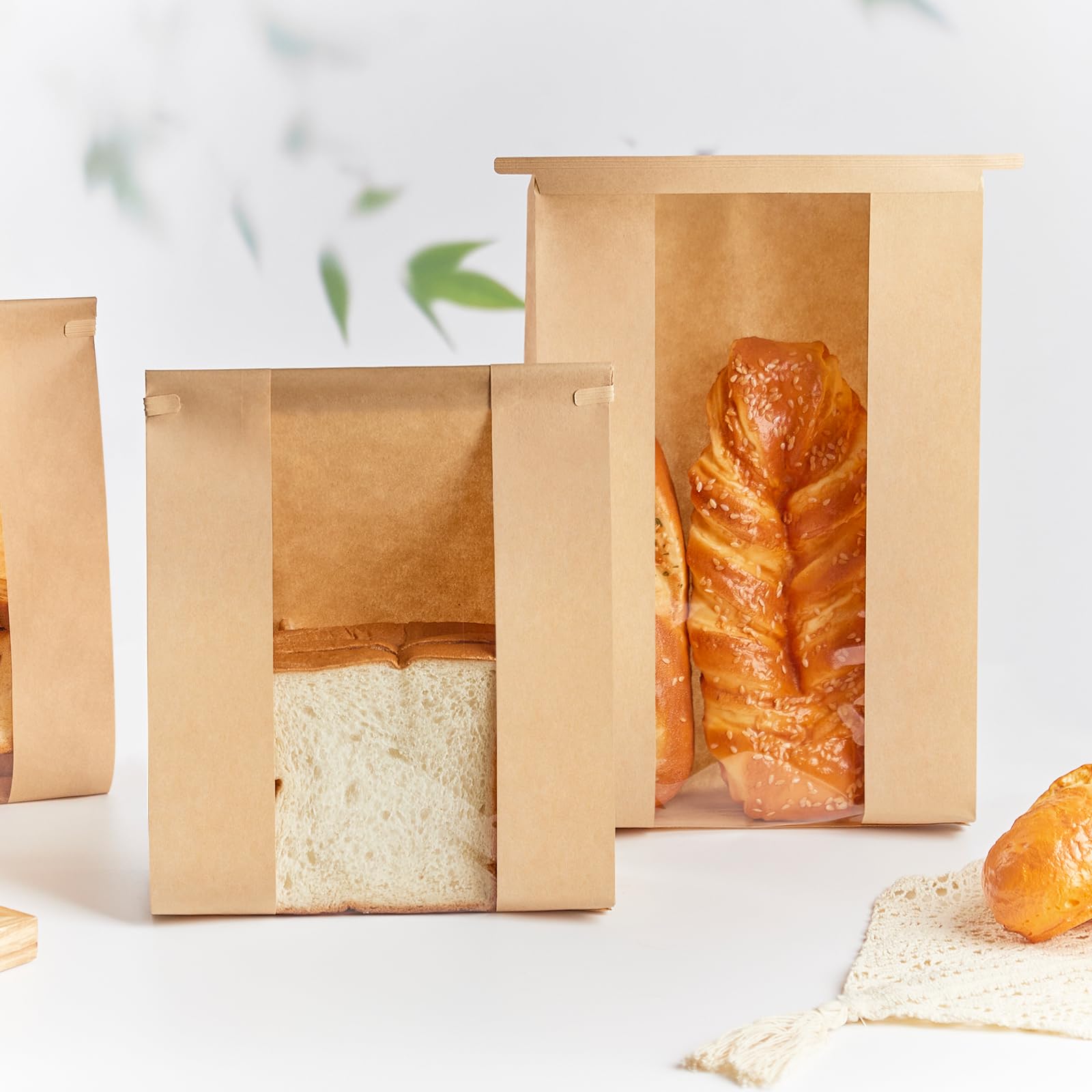 Ohuimrt 50 bolsas grandes de papel para pan casero, 13.7 x 8.2 x 3.5 pulgadas, bolsas de panadería con ventana, bolsas de pan de masa madre con cierre de pestaña de corbata de estaño