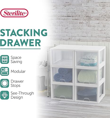 Miniatura 4 de Sterilite 27 Quart White Frame Clear Plastic Stackable Storage Container Bin wSingle Drawer for Craft, Pantry, Sink, & Desktop Organization, 16 Pack