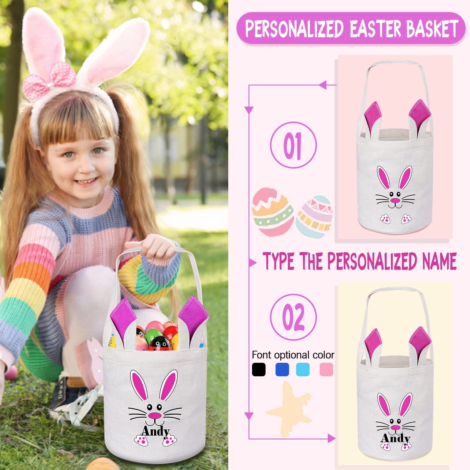 Jocidea Personalized Easter Baskets for Kids, Custom Easter Baskets with Bunny Designs, Unisex, Canvas, Classic Style