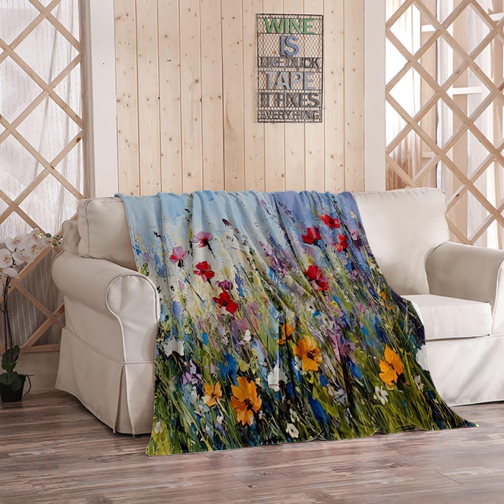 Flower Field Flannel Throw Blanket Monet Painting Claude Impressionism Landscape Meadow Warm Lightweight Cozy Blanket for Bedroom Living Rooms Sofa Couch 60x80 Inch