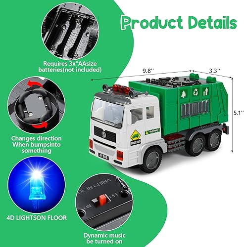 Miniatura 3 de Camión de basura con música, luz LED 4D, juguetes de luz automática con luz LED, camión de basura, motor de empuje, vehículo, camión de basura para