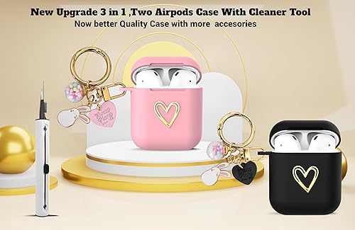 Miniatura 2 de REDX1 [Paquete de 2] Funda compatible con AirPods, funda protectora de diseño de corazón dorado con accesorios de llavero de la suerte, TPU suave