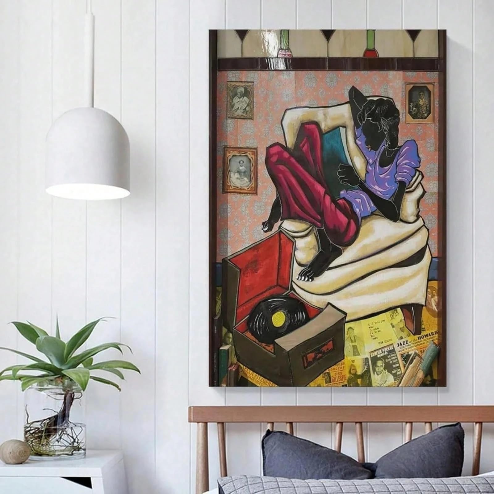 AIHNBF Jazz Murale da parete donna nera ascolta musica Soulvolle africana americana decorazione retrò giradischi stampa su tela per soggiorno sala musica arte unica 40 x 60 cm