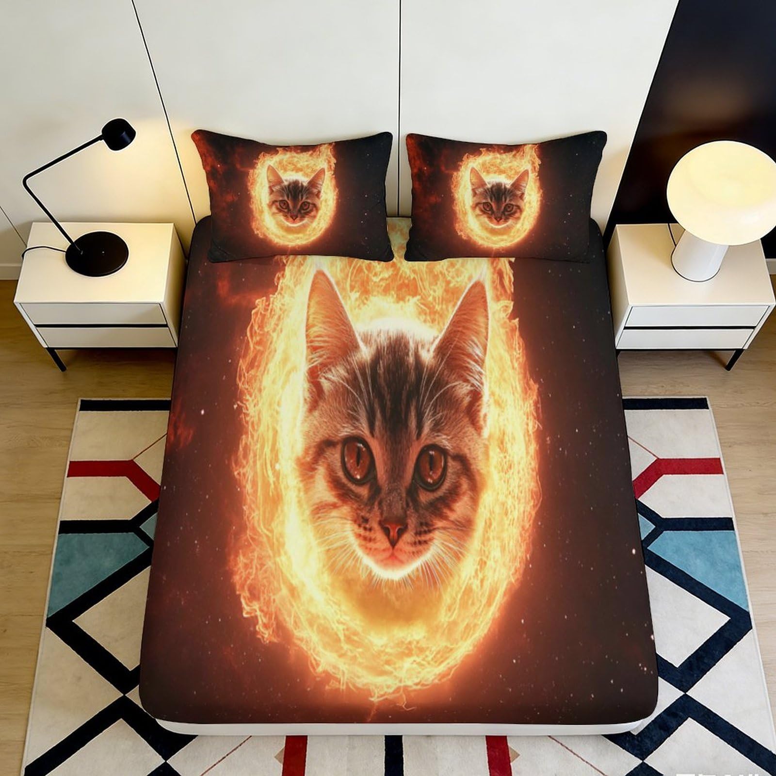 3D Printed Flame Cat Fitted Sheet Microfiber Deep Pocket Bedroom Bedding Flame Cat Mattress Fitted Cover Washable 200x200x25cm