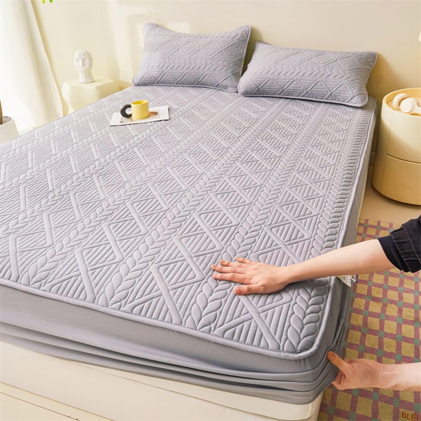 Daesar Completo Lenzuola Matrimoniale 200 x 220 cm, Lenzuolo Matrimoniale Cotone Tinta Unita con Foglie Geometriche Strutturato Lenzuola e 2 Federe Morbido, Lavabile in Lavatrice, Grigio