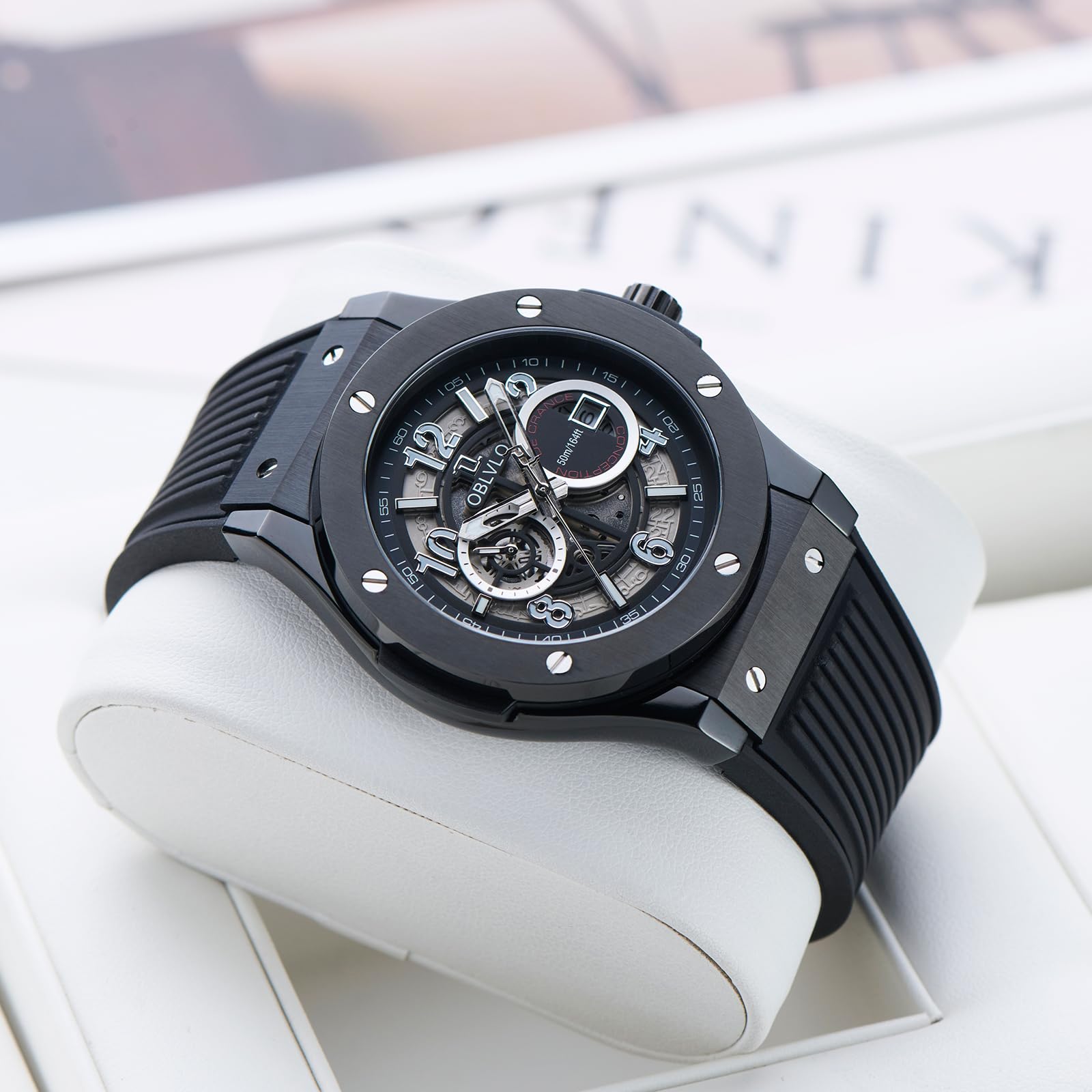 OBLVLO Orologio meccanico classico da uomo, quadrante nero in oro rosa con data, impermeabile, movimento automatico Miyato, cinturino in gomma, HM-GT