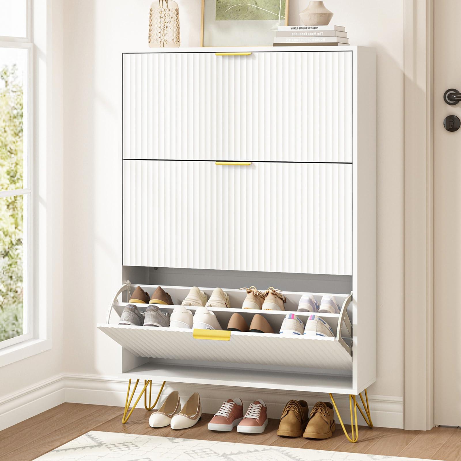 Amazon.com: NOVAMAISON Slim Shoe Cabinet with 3 Flip Drawers