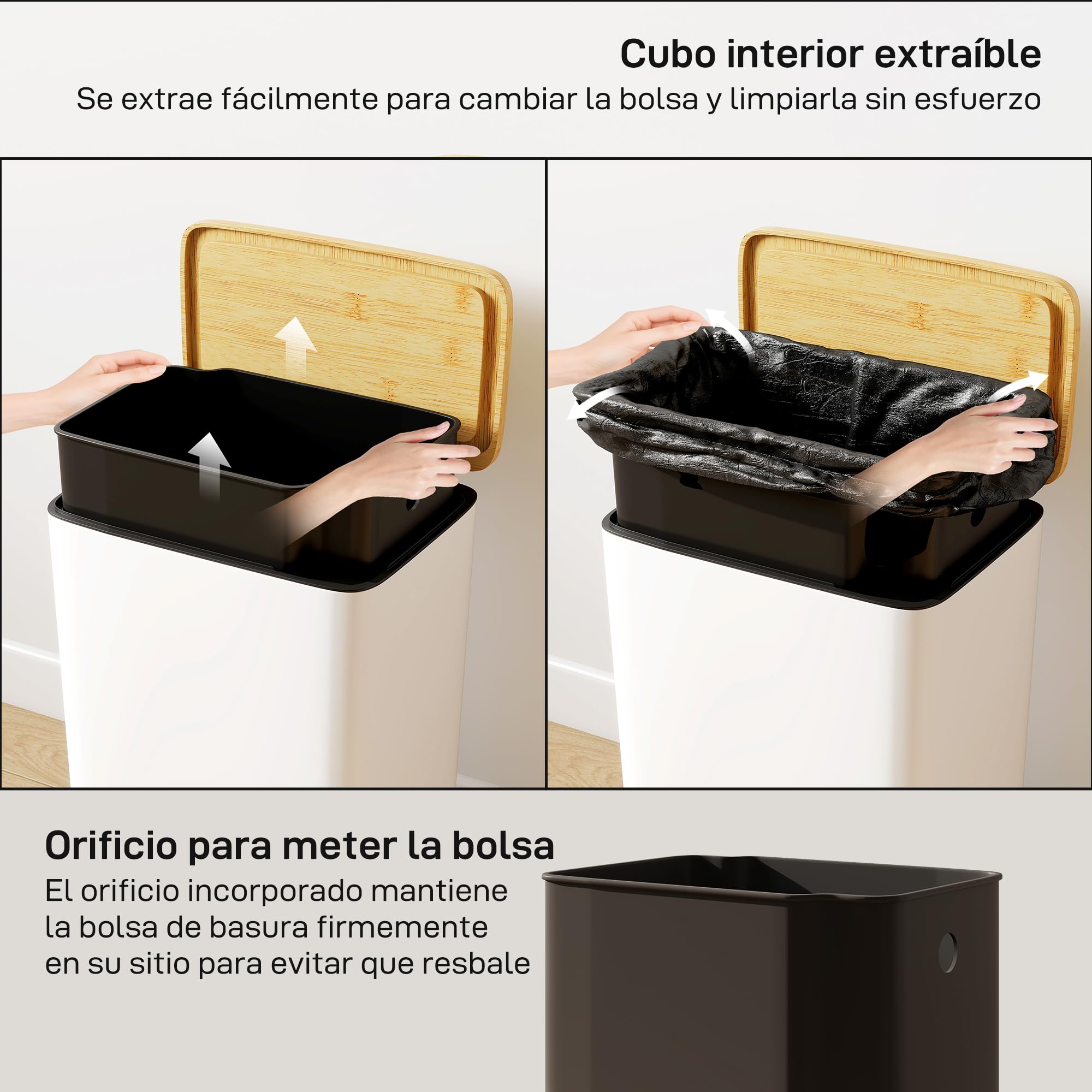 HOMCOM Cubo de Basura Cocina con Pedal, 20L, Tapa de Bambú de Cierre Suave, Papelera de Cocina con Cubo Interior Extraíble, Anti-Huellas, para Dormitorio, Salón, 29,5x29,5x56,8 cm, Blanco y Natural