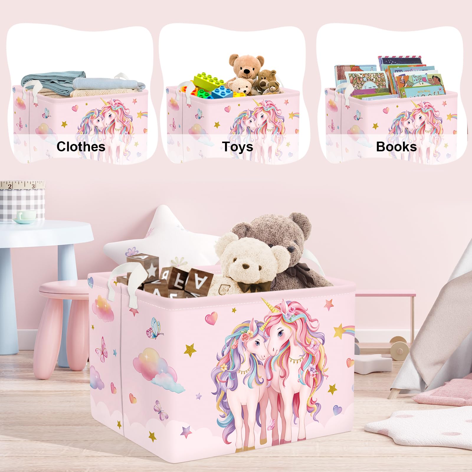 Clastyle Cestos Almacenaje Infantil Unicornio Rosa Cesta Ropa Sucia Plegable para Habitación Bebé Dormitorio Cajas de Almacenaje Juguetes para Chica, Estrella, 40x30x30 cm