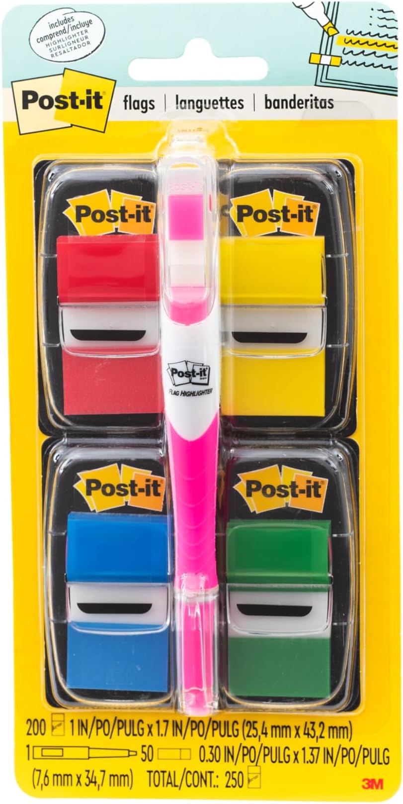 Flags Value Pack, 50/Dispenser, 4 Dispensers/Pack, 1 in Wide, Assorted Colors, Includes Free Flags + Highlighter