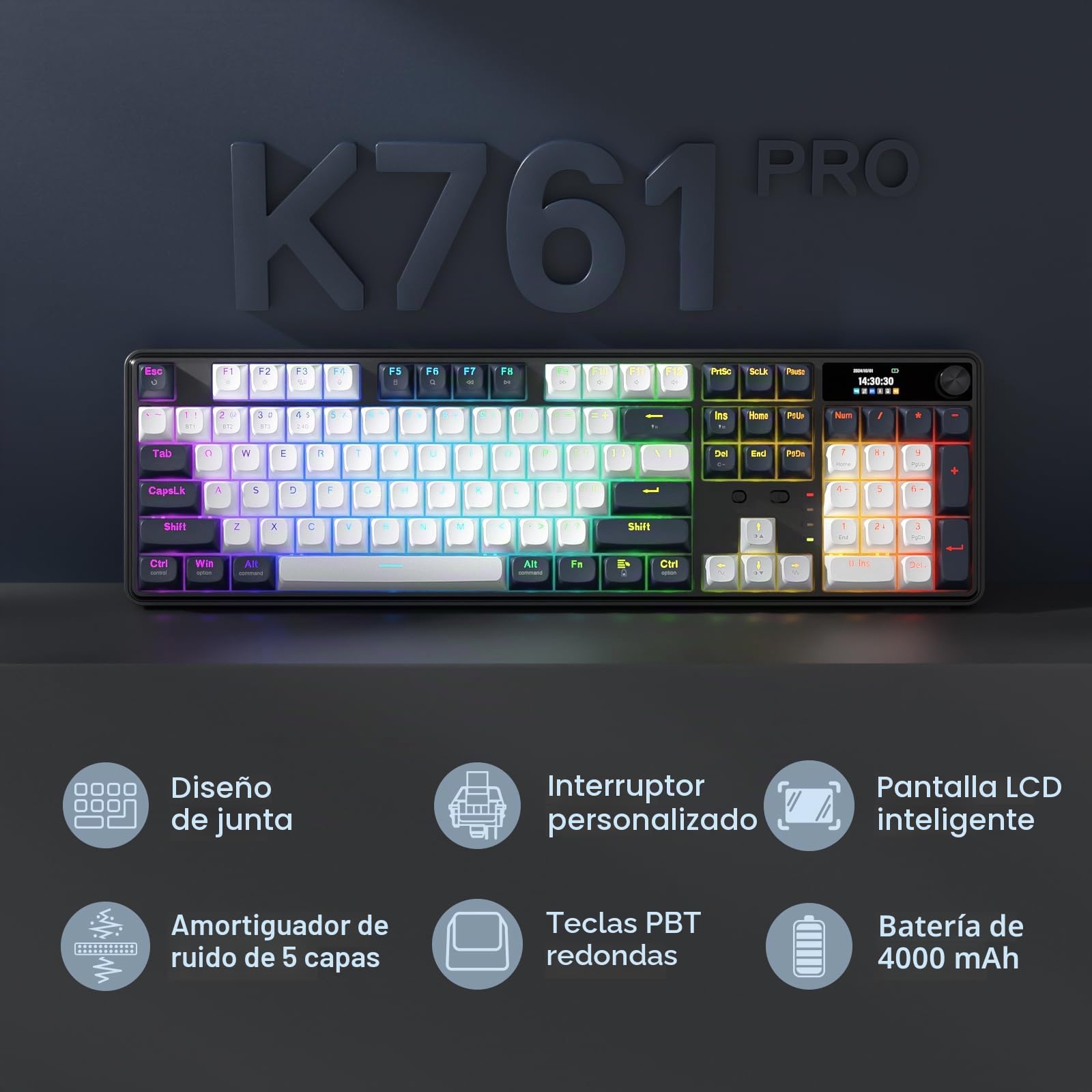Redragon K761 Teclado Gaming Inalámbrico Pantalla Hype Perilla 104 Teclas | Pantalla TFT 1.14 Pulgadas Fácil Control 5 Capas Amortiguación Ruido Mecánico Gasket