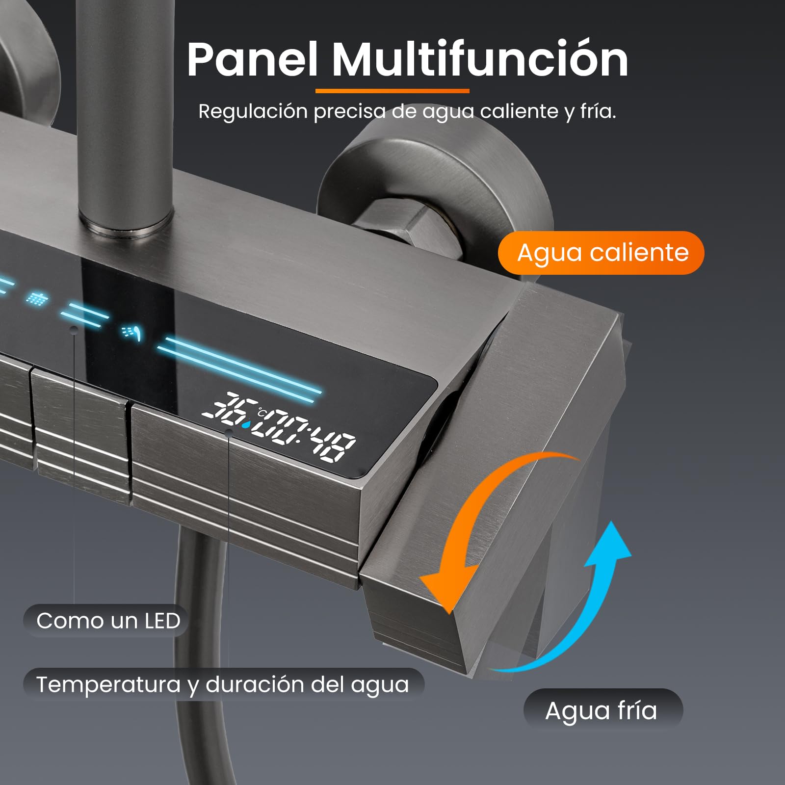 Columna de Ducha Termostática LED Negro Mate Cabezal Lluvia 20x30 cm Alcachofa 3 Modos Pistola Spray 2 Funciones Altura Regulable Giro 360°