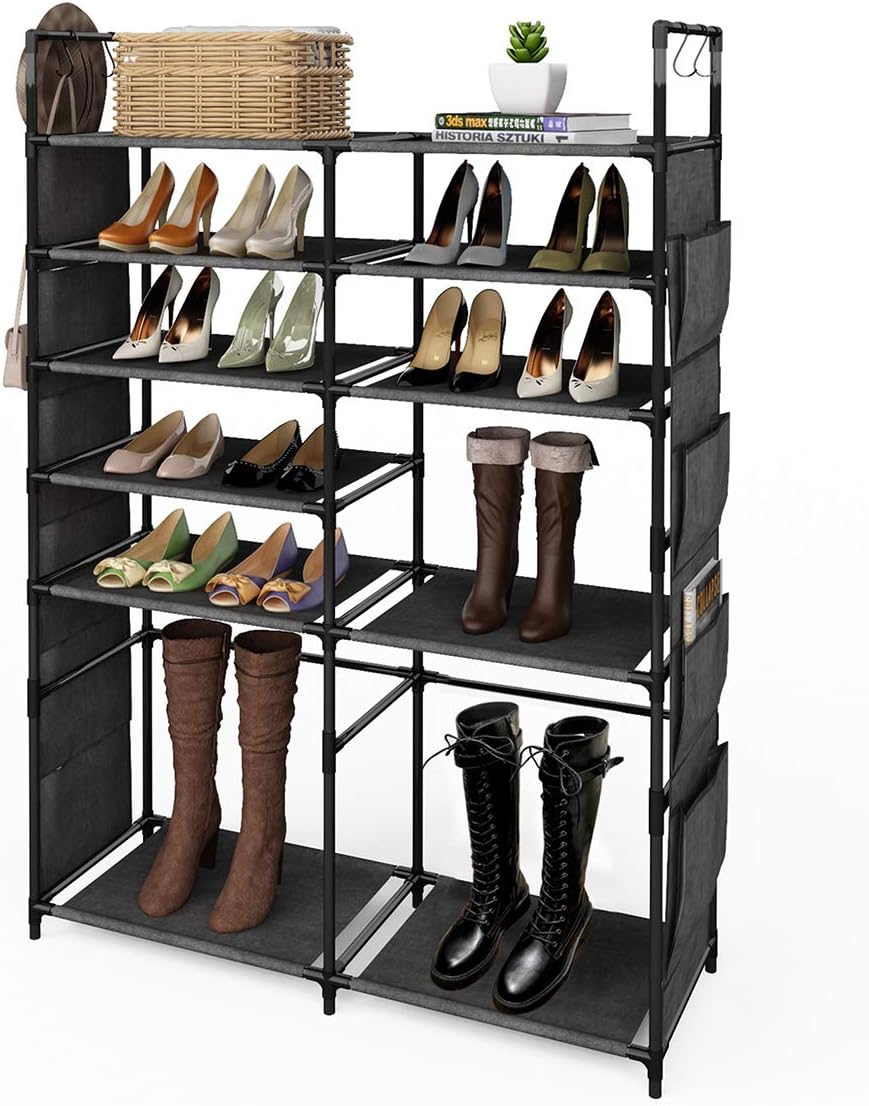 ZERO JET LAG 50" H Shoe Rack Boots Storage Organizer 7 Tiers Closet Entryway Shelf Stackable Cabinet Tower Double Row Non-Woven Fabric Metal 20-25 Pairs Black