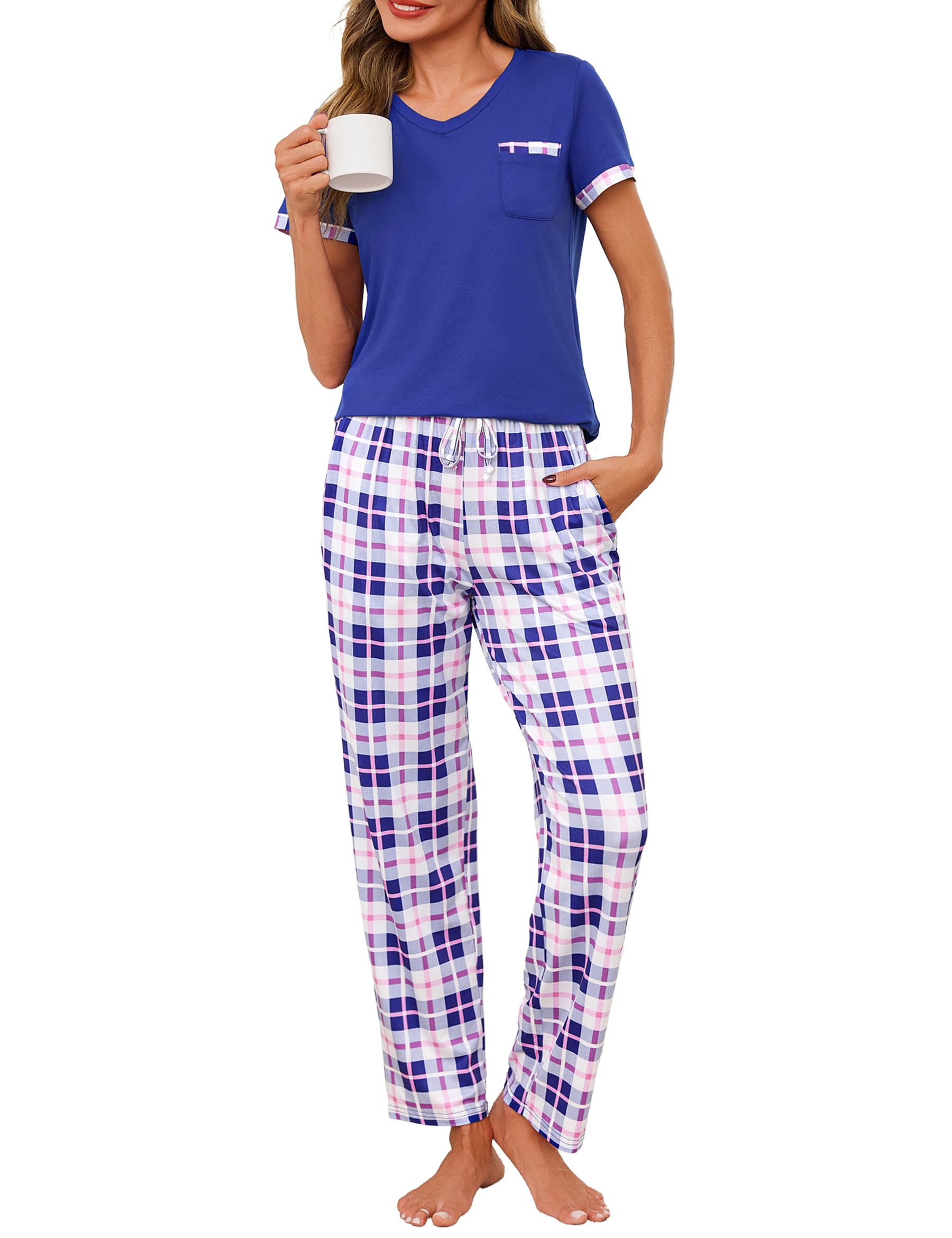 Jahetuul Schlafanzug Damen Kurzarm Karierte Schlafhose lang Pyjama Damen Sommer Schlafanzüge für Damen Nachtwäsche Frauen Pijamas