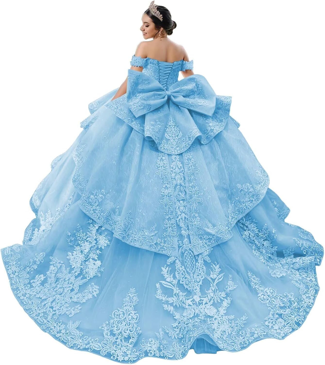 Tulle Strapless Quinceanera Dress Puffy Prom Gown Lace Appliques Princess Dresses with Ruffles HRJ22