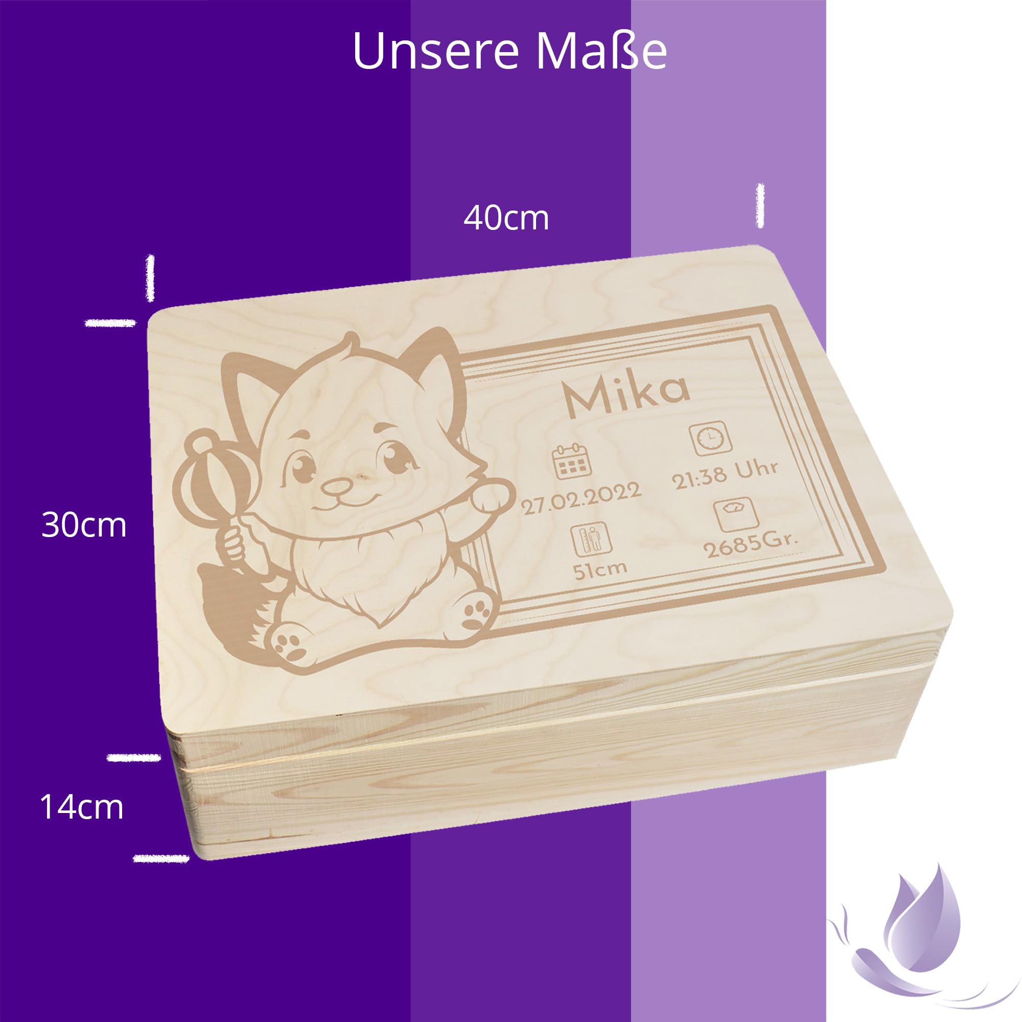 Scatola dei ricordi personalizzata per neonati e bambini con incisione volpe, scatola in legno per bei ricordi, 40 x 30 x 14 cm
