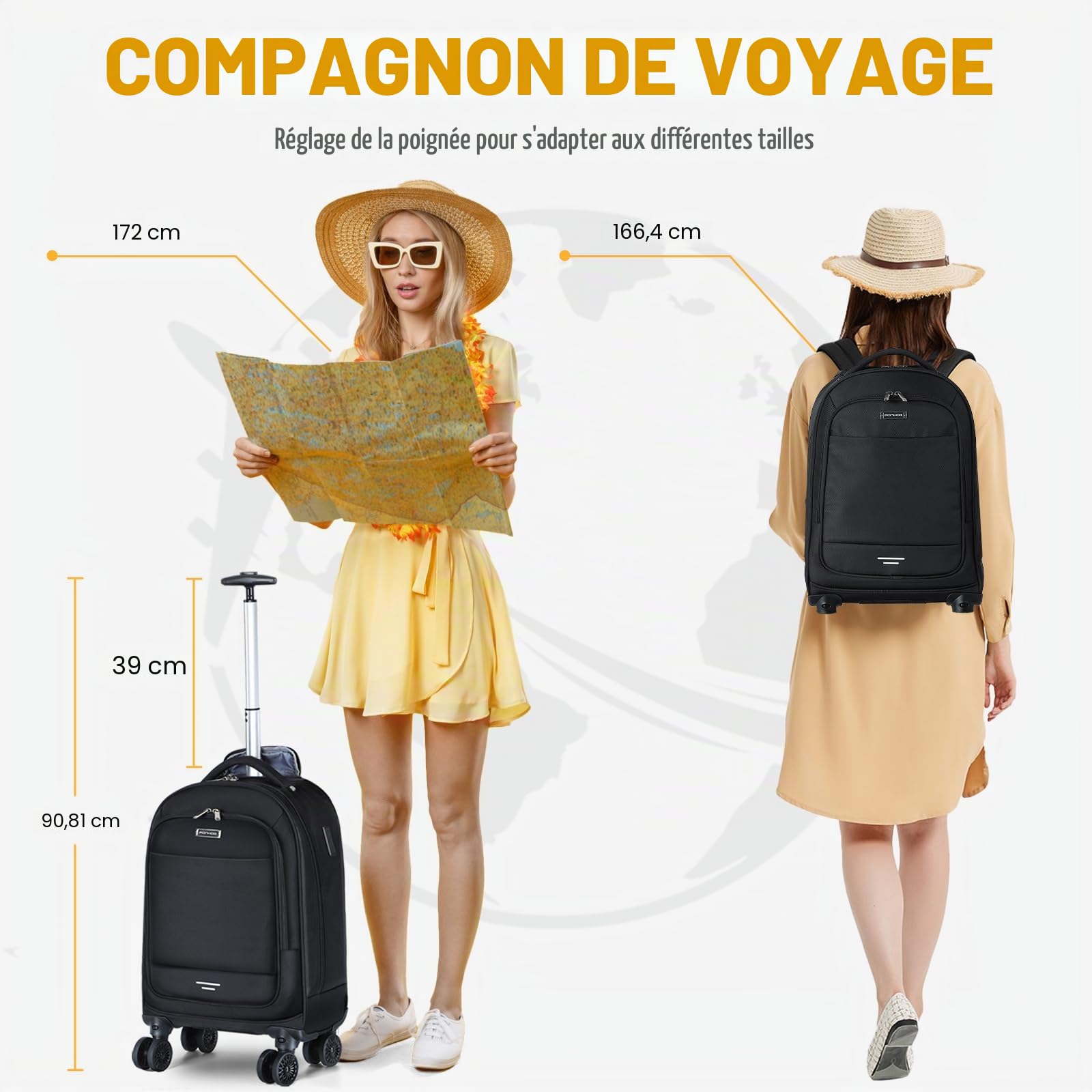 Ponhog Sac à Dos pour Ordinateur Portable 15,6 Pouces avec 4 Roues pivotantes - Résistant à l'eau - pour Le Travail Le Voyage Le Trajet Noir