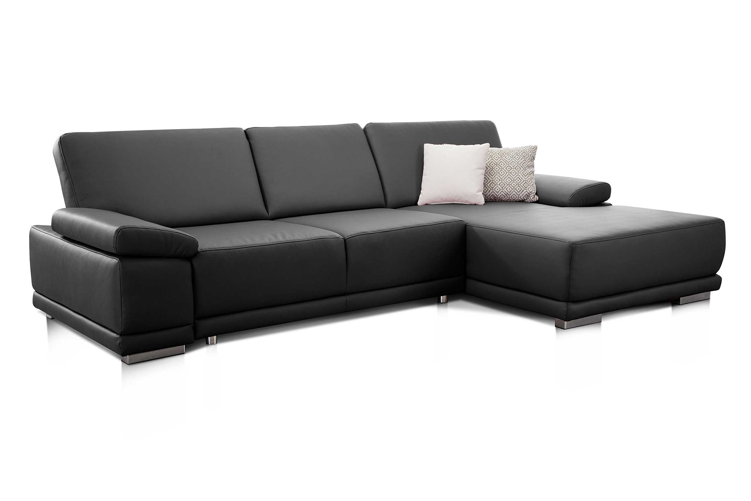 CAVADORE Ecksofa Corianne in Lederoptik / Couch inkl. Armteilverstellung und Longchair in modernem Design / 282 x 80 x 162 / Kunstleder, schwarz