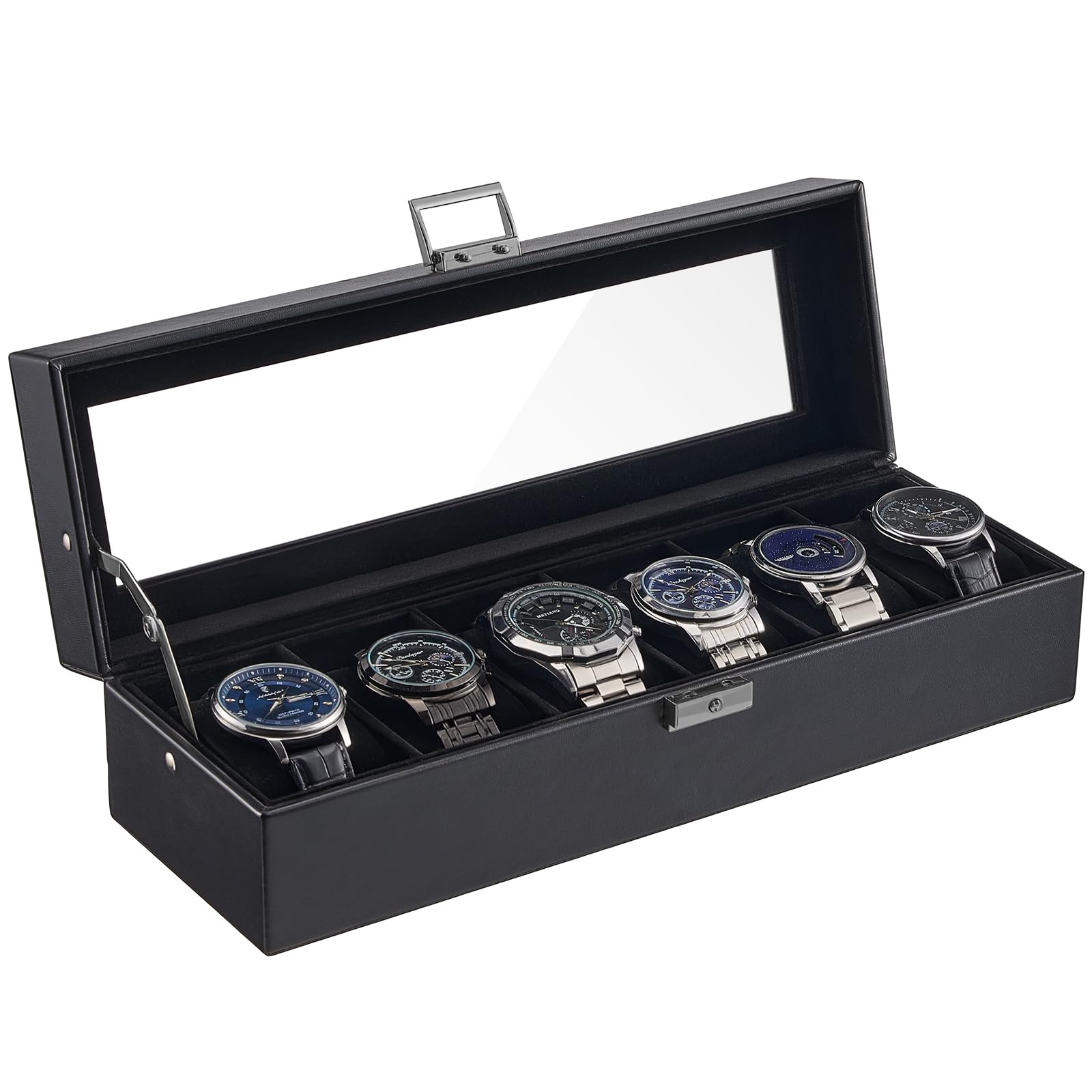 HVMBEUGOS 6 Slot Watch Case Box for Men, PU leather Man Watch Organizer with Soft Pillow, Lockable Watch Collection Storage Holder with Glass Display Lid, for Dad -AllBlack