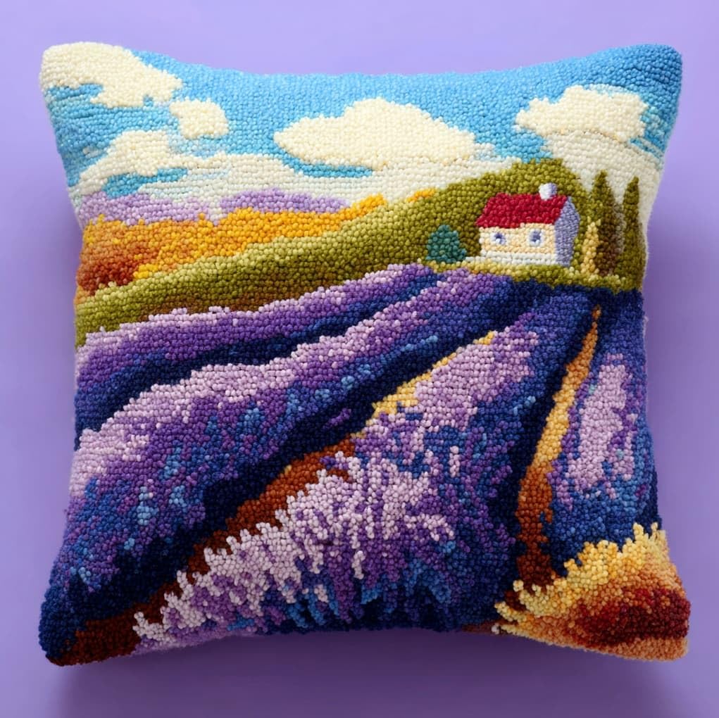 Wallustrioaw Lavender Latch Hook Cushion Kit, Manor,Diy Rug Cushion Kit - Latch Hook Pillow For Beginners - Christmas Craft Activity,17X17in